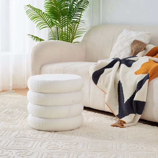 Round Shape Storage Ottoman Stool with Flip Tray, Vanity & Footrest Chair, White
