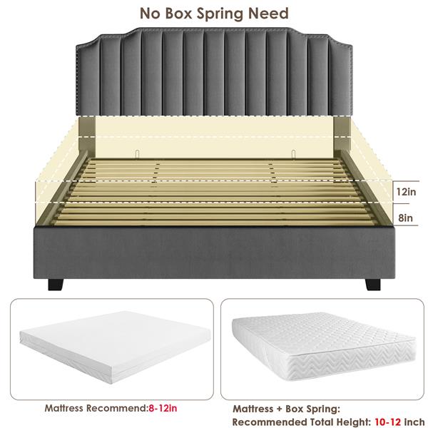 Lift-Up Storage Queen Bed – Velvet Upholstered Platform Bed Frame, Grey