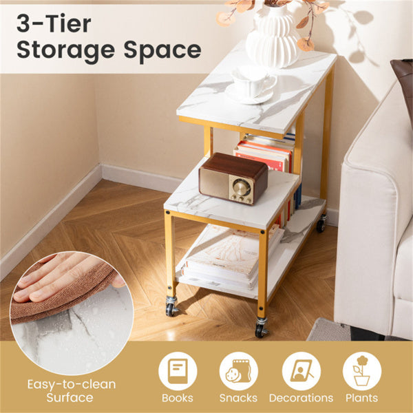 G-Shaped 3-Tier White End Table with Wheels – Mobile Storage Side Table