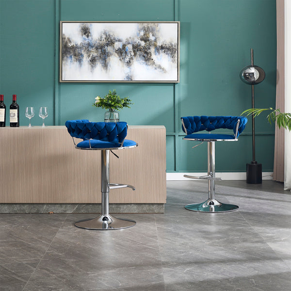 Set of 2 Blue Velvet Bar Stools with Chrome Base & Swivel Adjustable Height