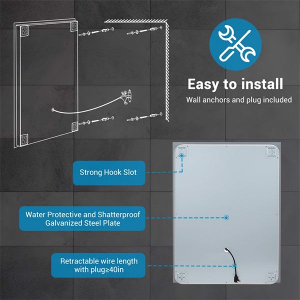 36" x 28" LED Bathroom Mirror with Defogger & Dimmable Backlight