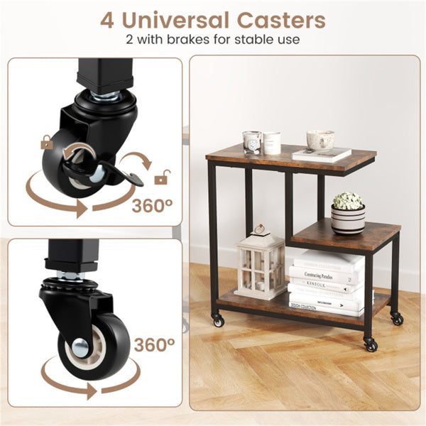 G-Shaped 3-Tier Brown End Table with Wheels – Mobile Storage Side Table