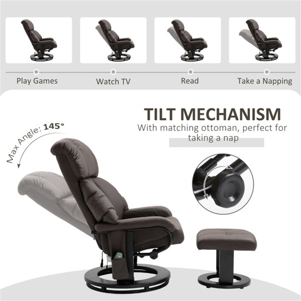 PU Leather Massage Recliner Chair with Ottoman & Remote, Brown