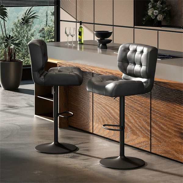 Set of 2 Adjustable Black Bar Stools with Swivel Seats & Tufted Backrest