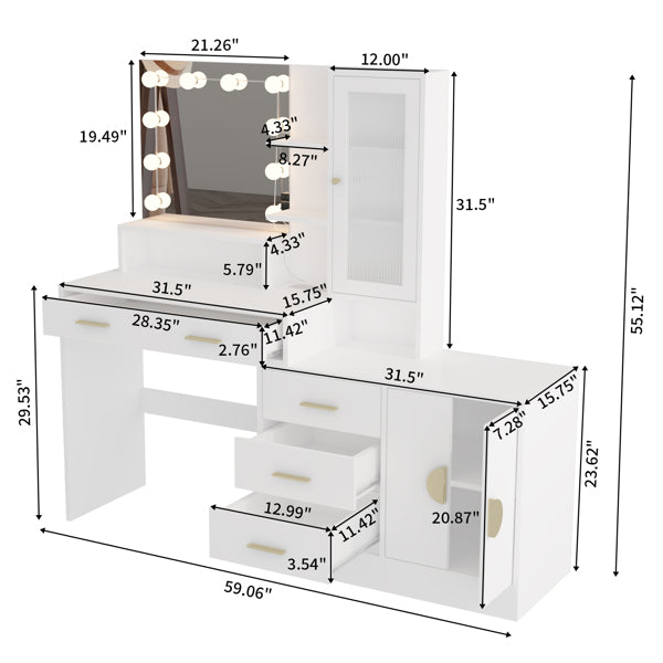 Large Vanity Table with Mirror, LED Lights, Drawers & Charging Station, White