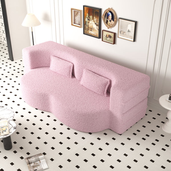Modern Pink Teddy Fabric Floor Sofa Bed with 2 Pillows – Convertible & Space-Saving