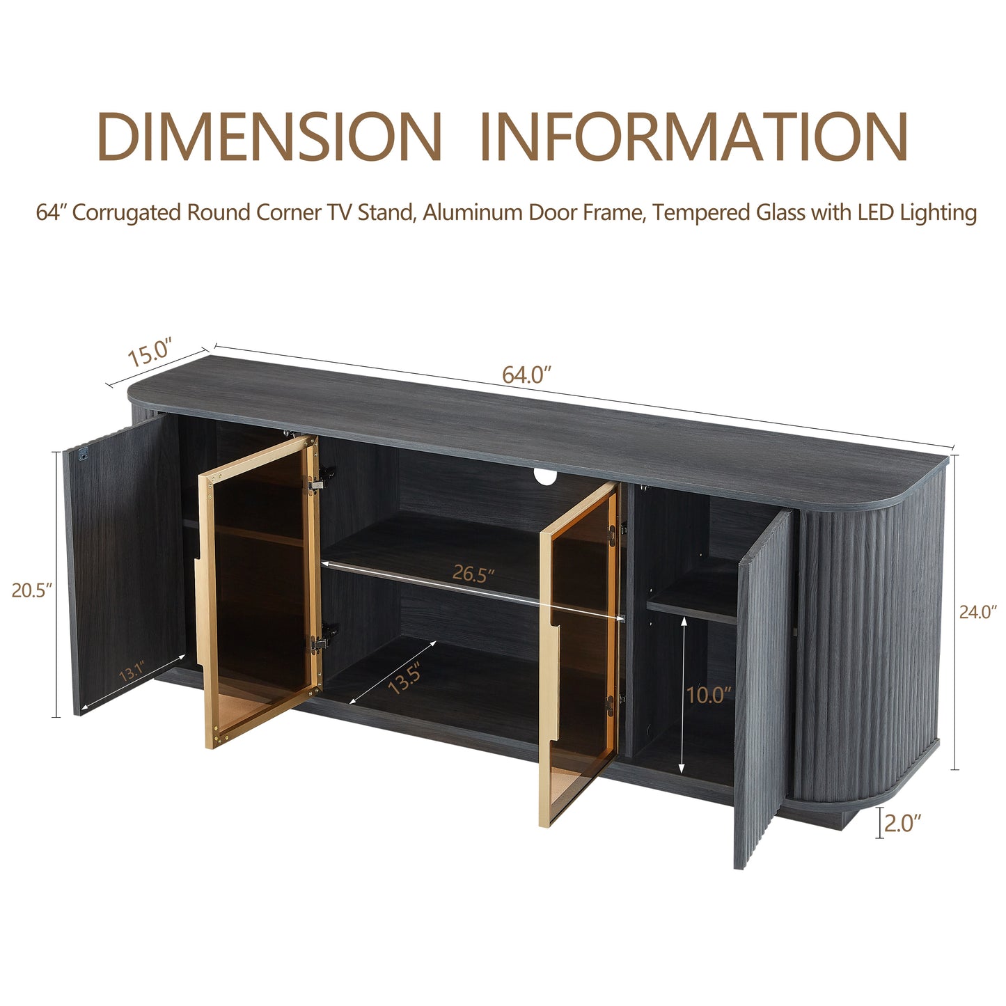 64" Wavy Black TV Cabinet with LED, Glass Doors & Storage for Living Room