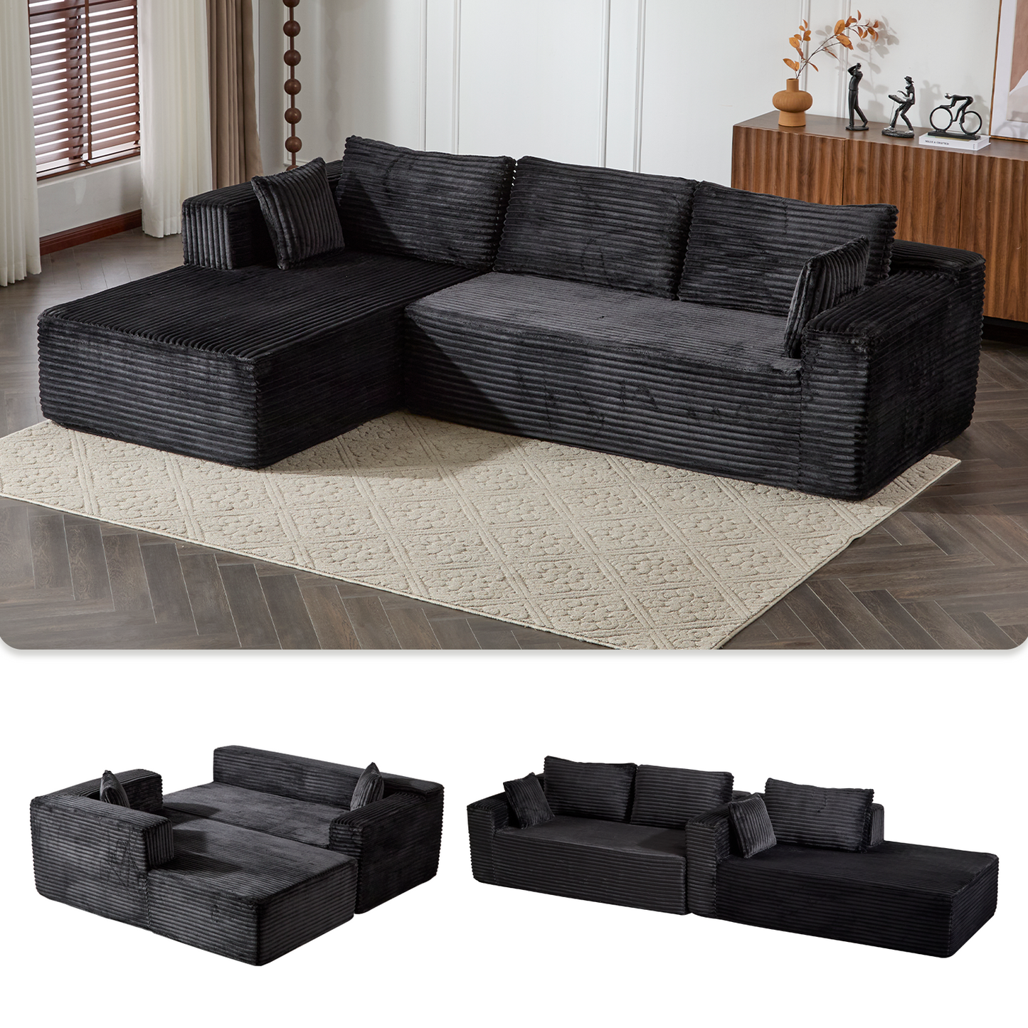 Modular L-Shaped Corduroy Sectional Sofa with Chaise – Black