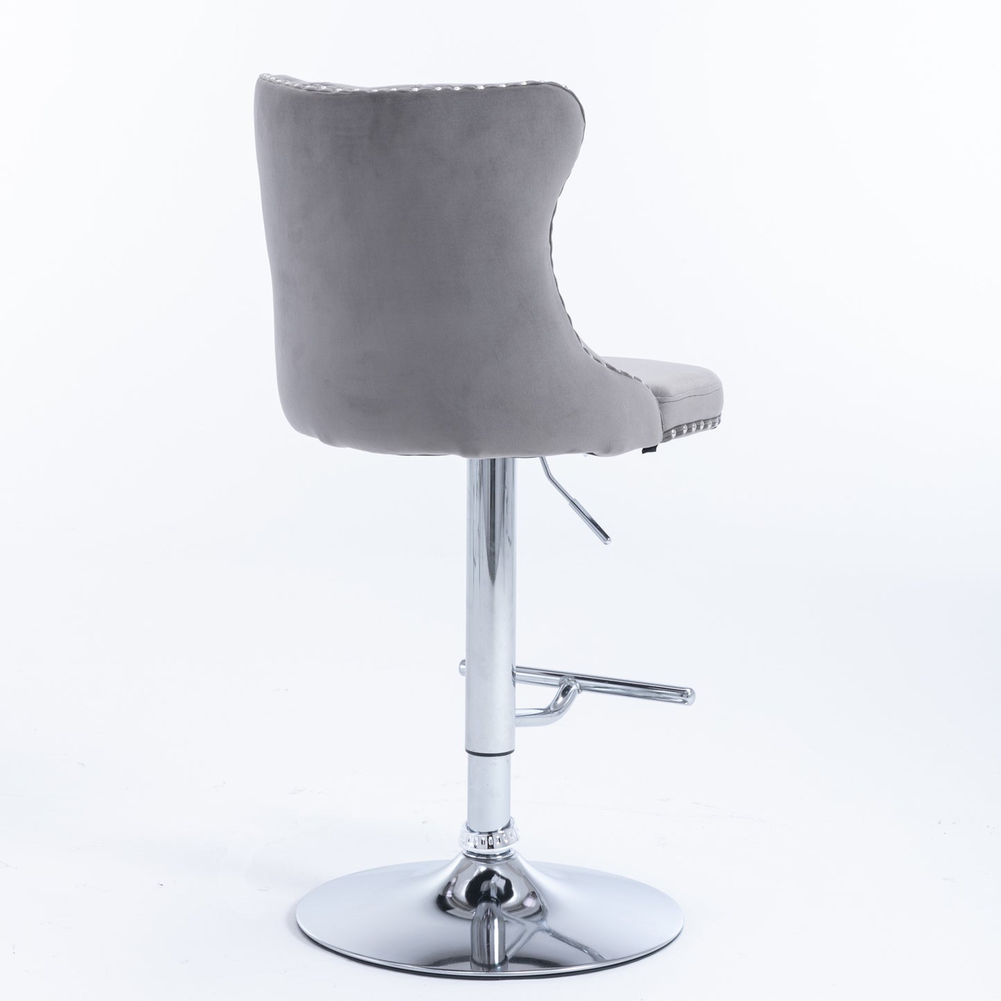 Set of 2 Gray Velvet Swivel Barstools, Adjustable Height 25–33", with Backs