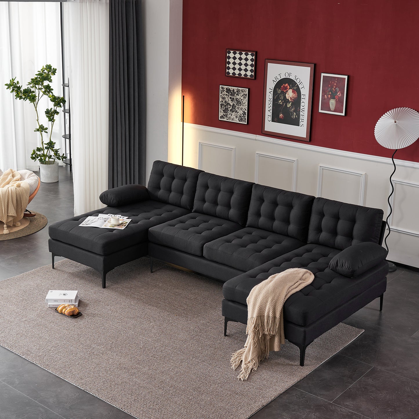 U-Shaped Sectional Sofa – Black Upholstery, Wooden & Iron Frame with Black L