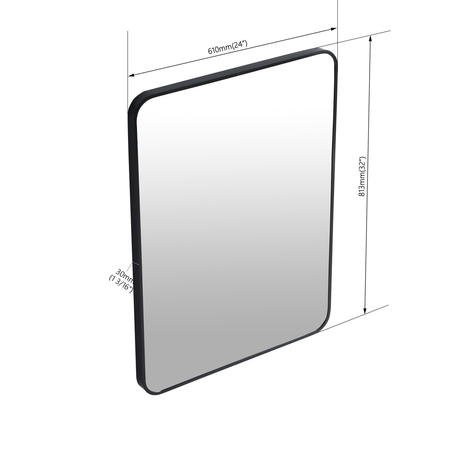 24"x32" Black Bathroom Mirror – HD Glass with Aluminum Frame, Wall Mounted