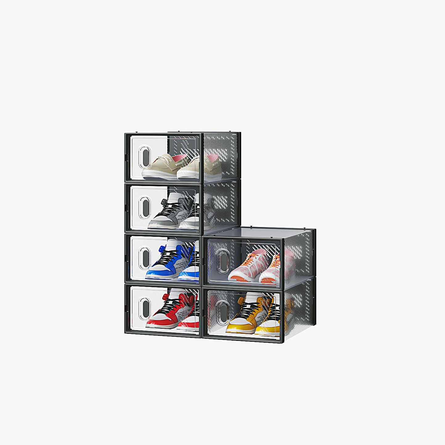 6-Pack Black Plastic Mesh Shoe Boxes – 33x23x14cm Modular Storage Set