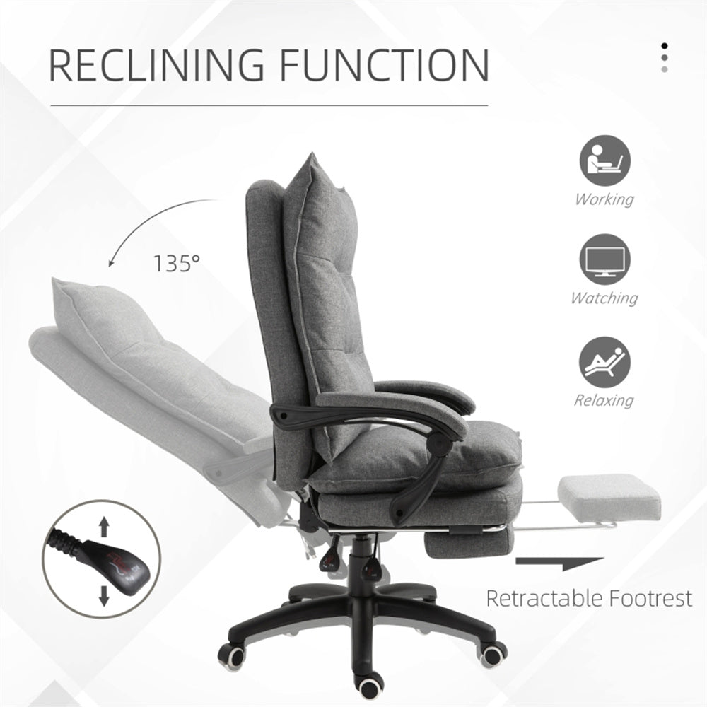 Grey High-Back Reclining Office Chair with Footrest & Linen-Style Upholstery