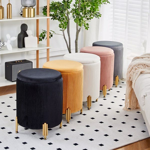 Velvet Round Ottoman Foot Stool with 23Qt Storage, 300lbs Support, Padded Seat