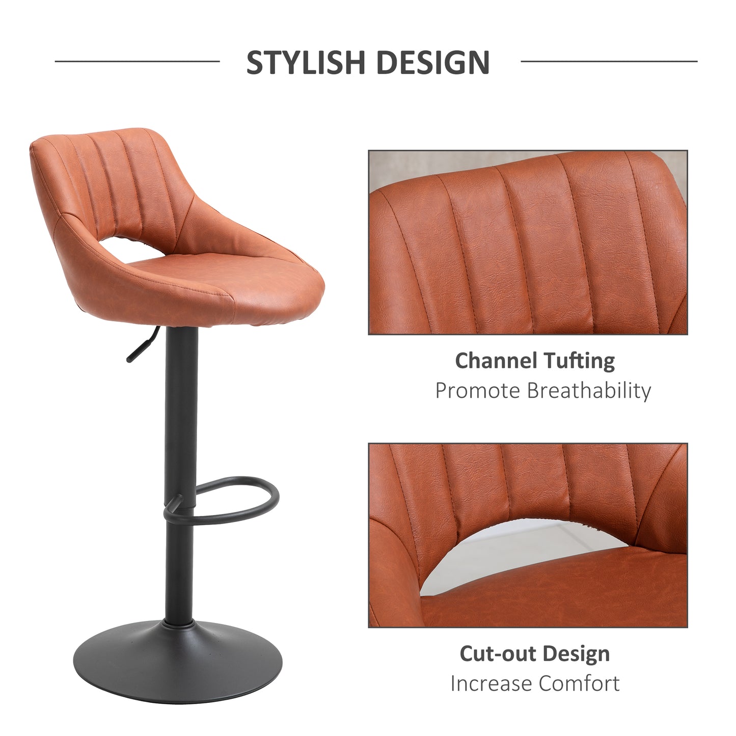 Set of 2 Adjustable Bar Stools – Brown PU Leather Swivel Chairs with Footrest