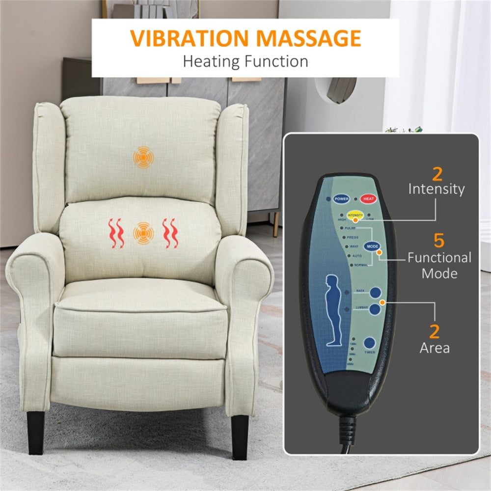 Heated Massage Recliner Chair with Lumbar Support – Manual Pushback, Off White