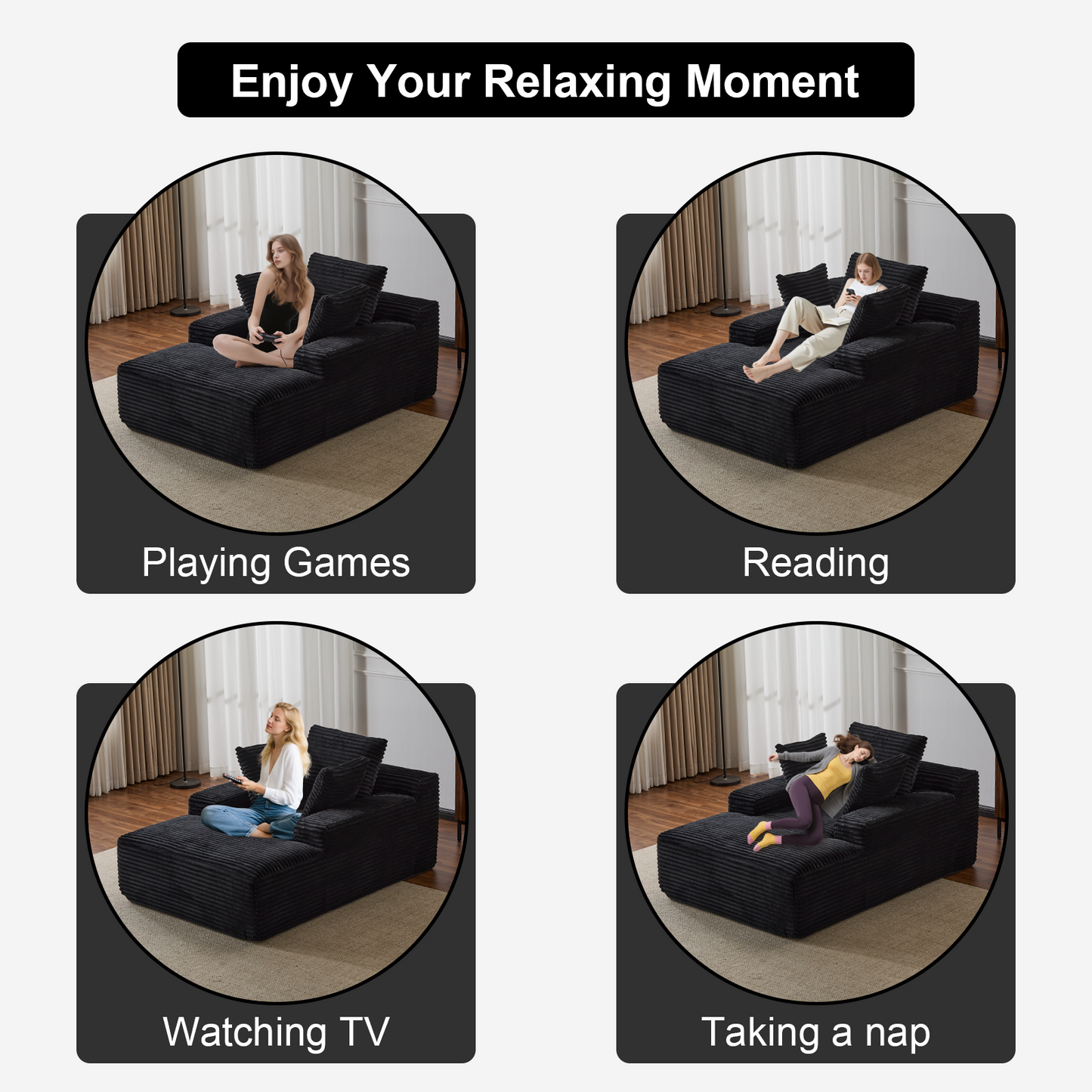 Oversized Chaise Lounge Chair – Plush Corduroy Cloud Couch with 3 Pillows, Black