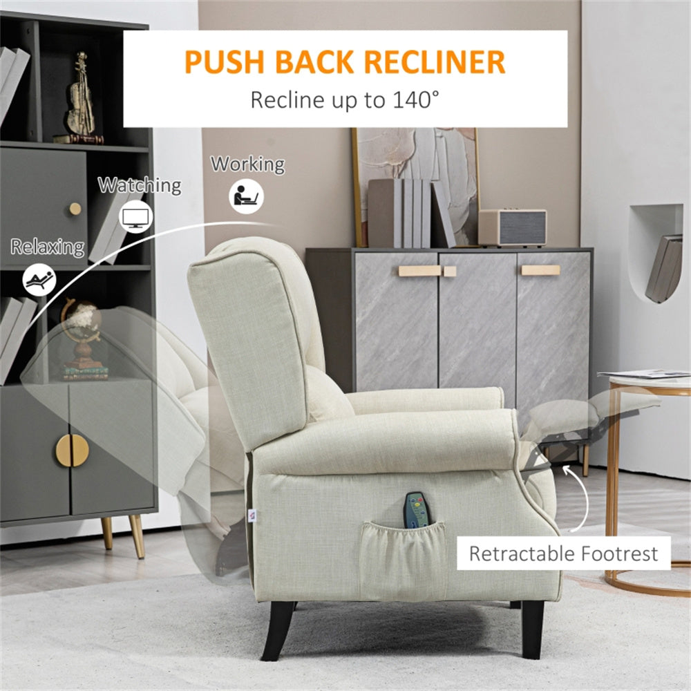 Heated Massage Recliner Chair with Lumbar Support – Manual Pushback, Off White