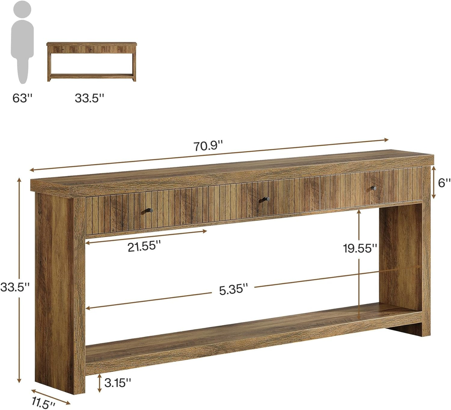71" Oak Long Console Table – Fluted Drawers & Open Shelf Storage by Tribesigns