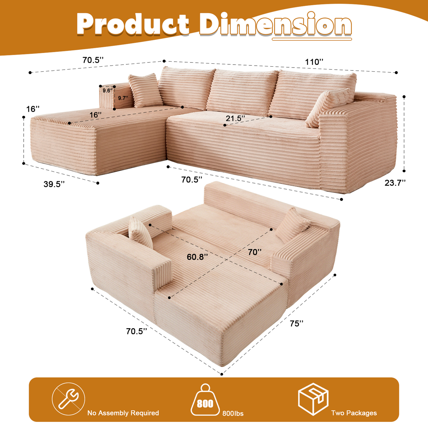 Modular L-Shaped Corduroy Sectional Sofa with Chaise – Beige