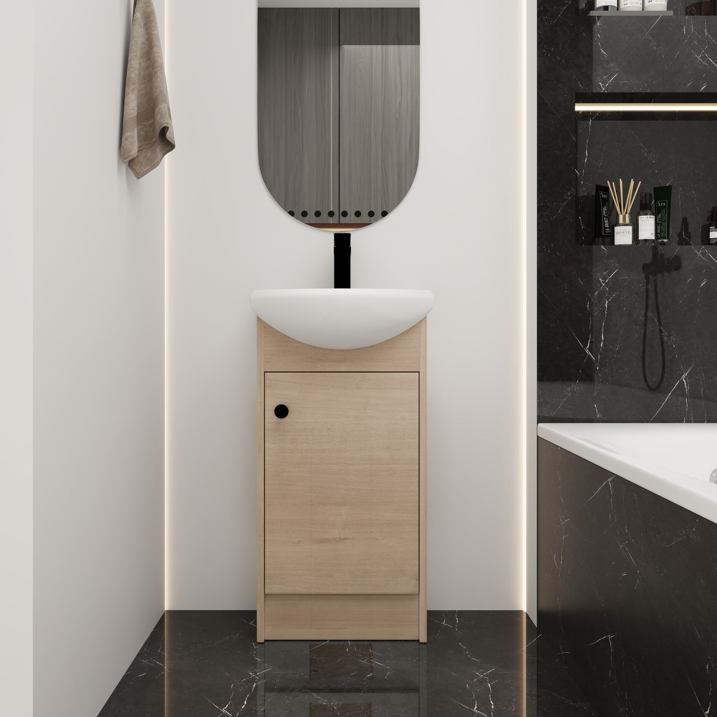 18" Small Bathroom Vanity with Sink – Freestanding Oak Cabinet Combo Unit