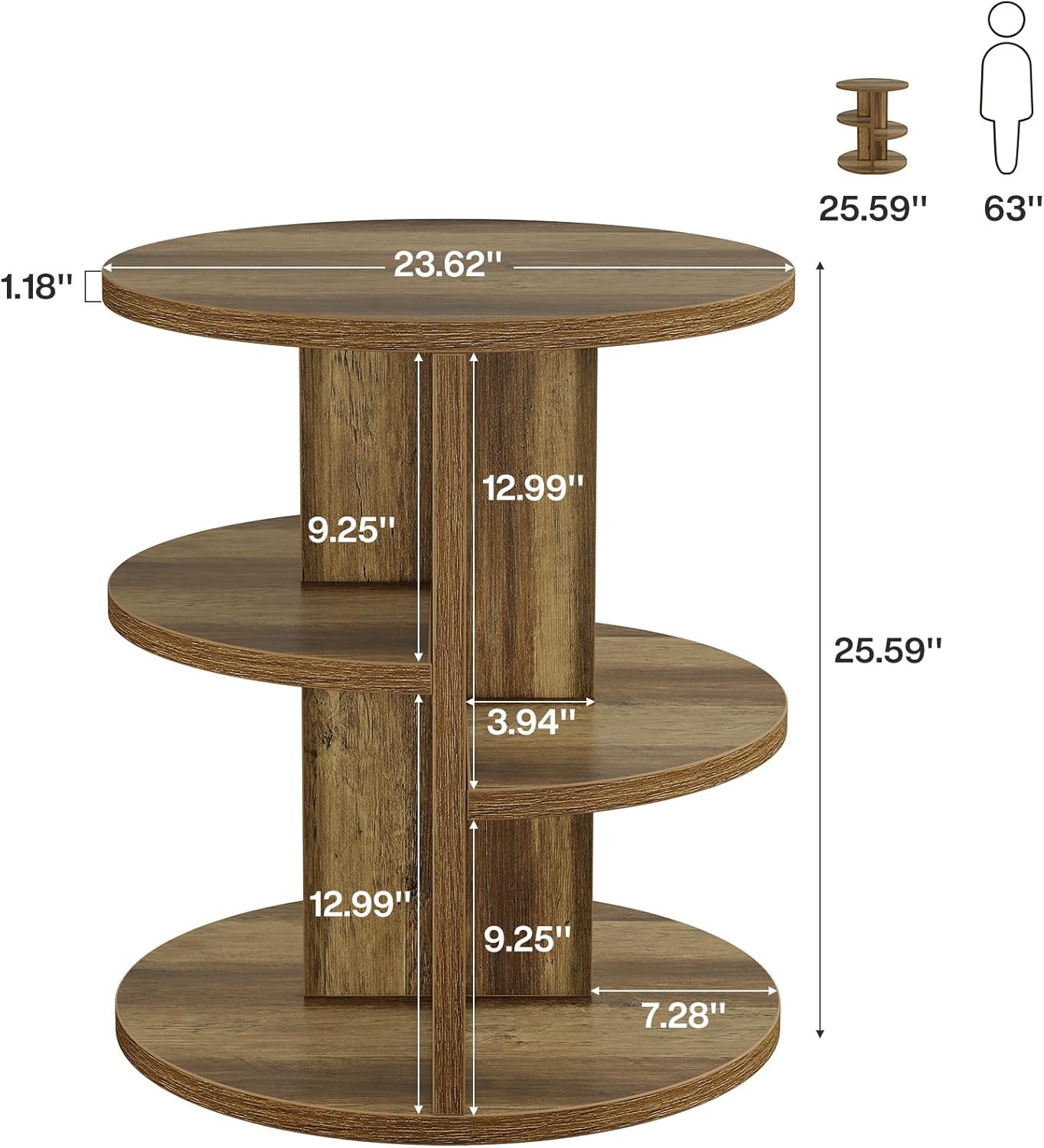 Farmhouse Round Coffee Table with 3-Tier Storage – Rustic Brown Sofa Side Table