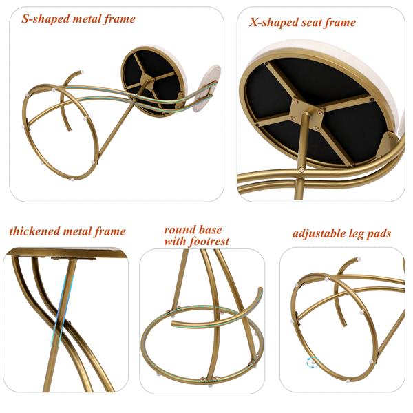 Set of 2 Velvet Round Bar Stools with Back – Gold & Cream Upholstered Counter Chairs