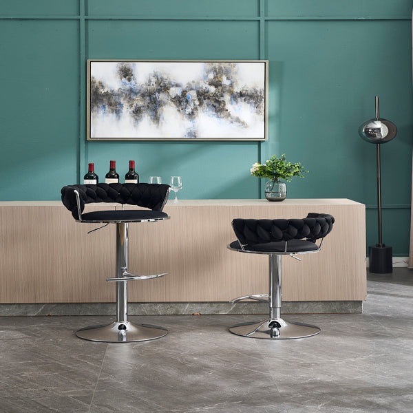 Set of 2 Black Velvet Bar Stools with Chrome Base & Swivel Adjustable Height