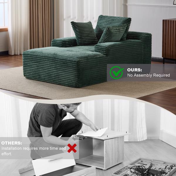 Oversized Chaise Lounge Chair – Plush Corduroy Cloud Couch with 3 Pillows, Green