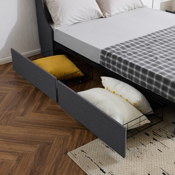 Queen Upholstered Storage Bed Frame with 4 Drawers & Wingback Tufted Headboard