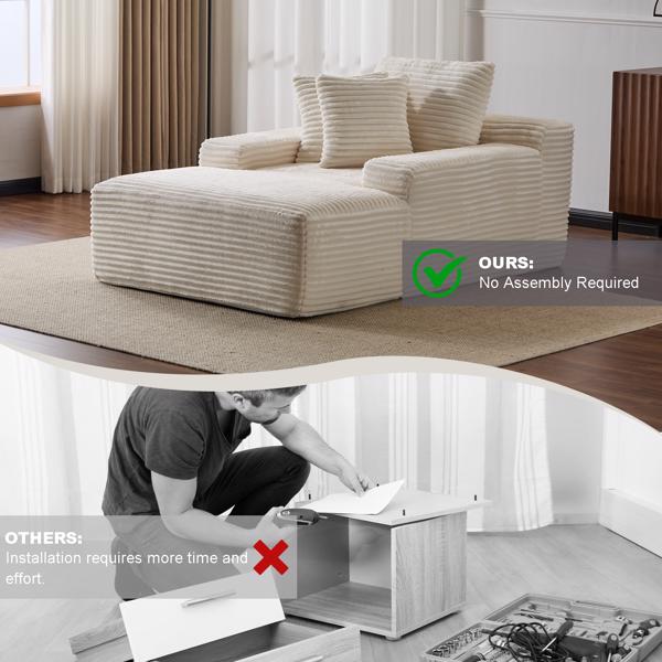 Oversized Chaise Lounge Chair – Plush Corduroy Cloud Couch with 3 Pillows, White