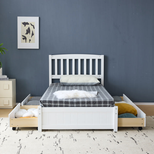 Twin Pine Wood Platform Bed with 4 Storage Drawers & Curved Headboard – White