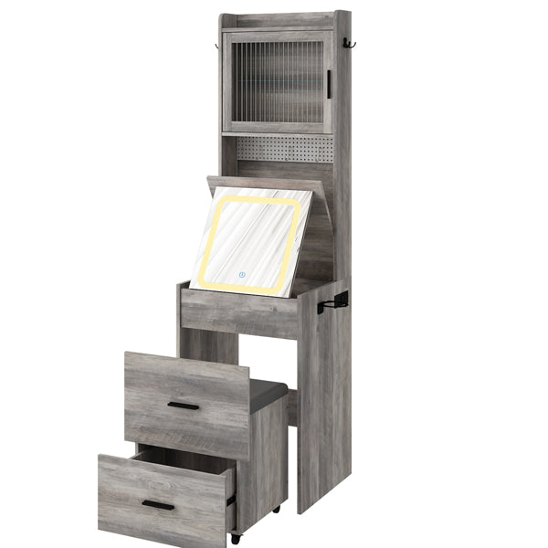 Compact Vanity Desk with Mirror, LED Lights, Charging Station & Stool, White