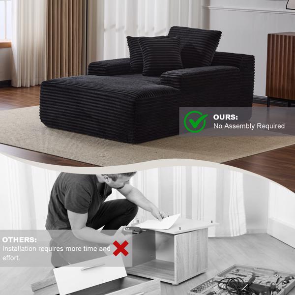 Oversized Chaise Lounge Chair – Plush Corduroy Cloud Couch with 3 Pillows, Black