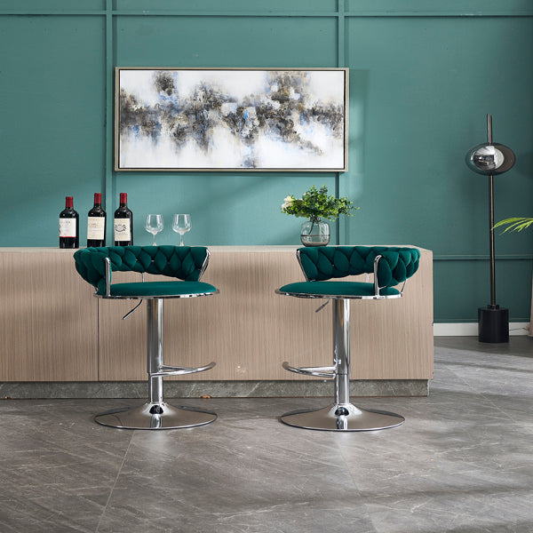 Set of 2 Green Velvet Bar Stools with Chrome Base & Swivel Adjustable Height