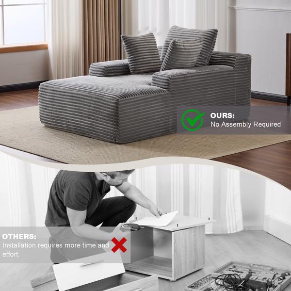 Oversized Chaise Lounge Chair – Plush Corduroy Cloud Couch with 3 Pillows, Grey
