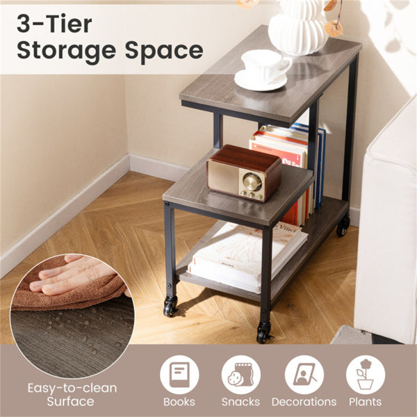 G-Shaped 3-Tier Gray End Table with Wheels – Mobile Storage Side Table
