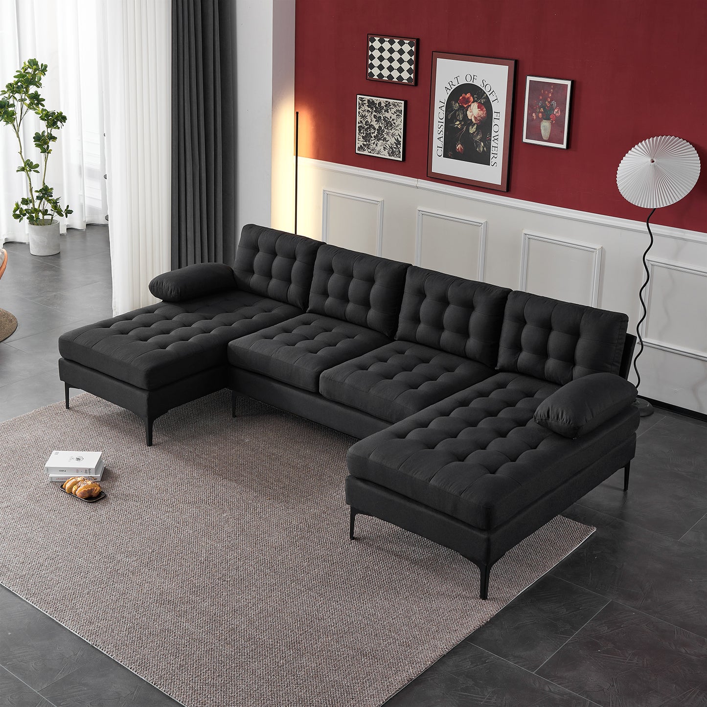 U-Shaped Sectional Sofa – Black Upholstery, Wooden & Iron Frame with Black L