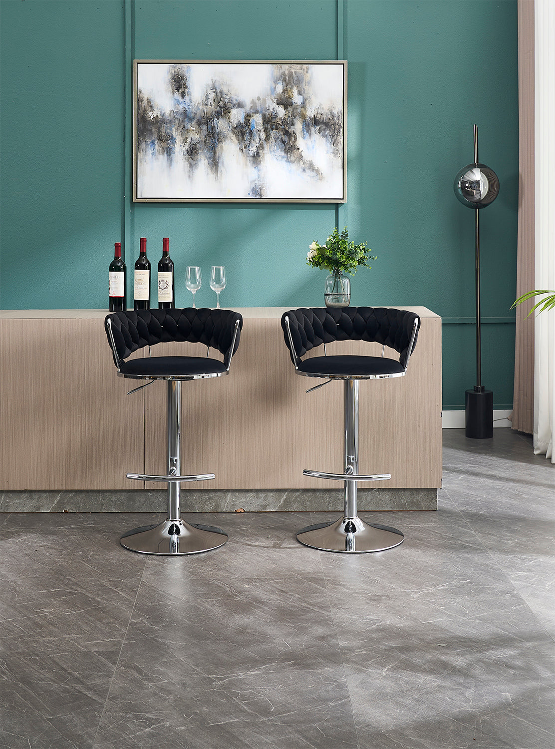 Set of 2 Black Velvet Bar Stools with Chrome Base & Swivel Adjustable Height