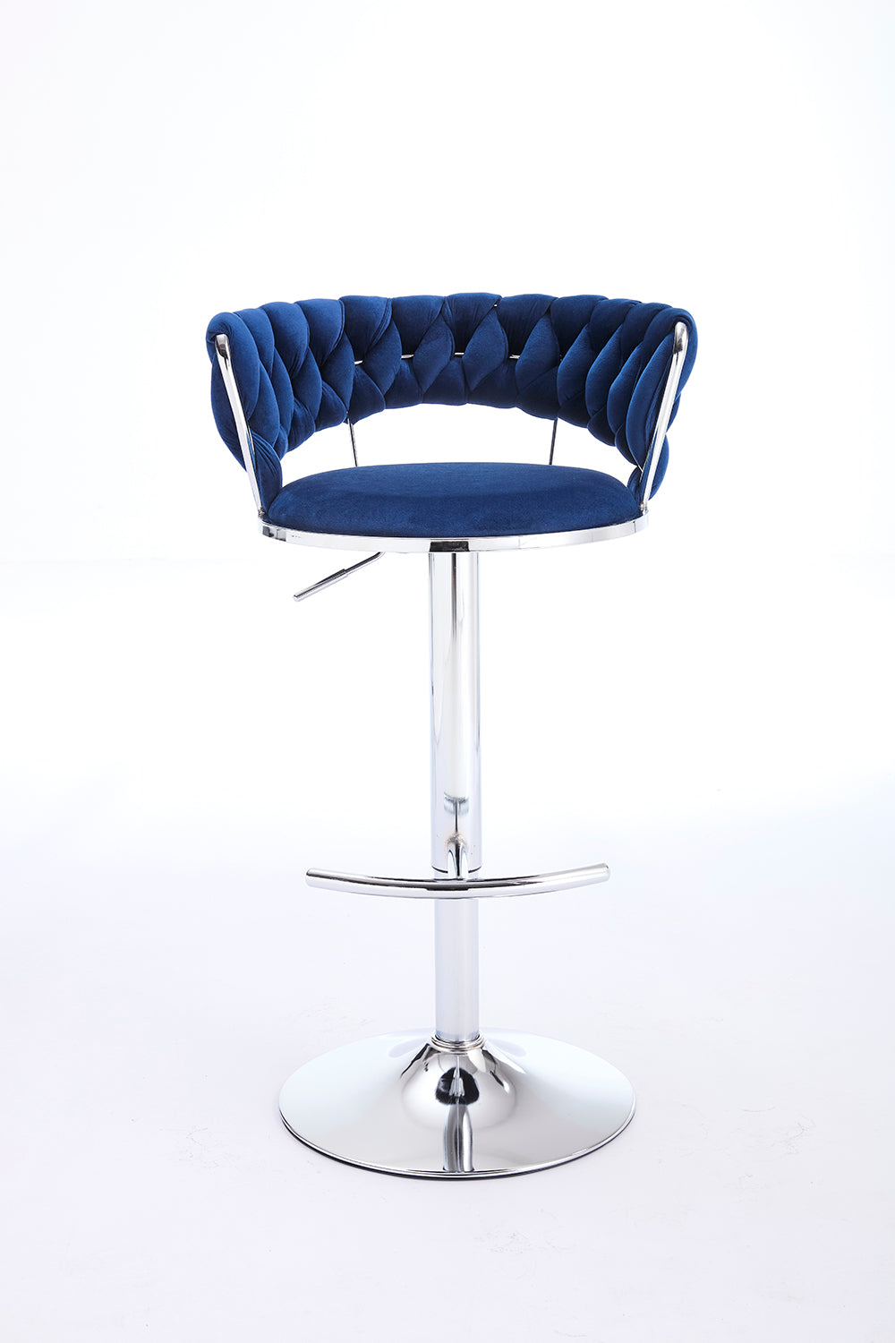 Set of 2 Blue Velvet Bar Stools with Chrome Base & Swivel Adjustable Height