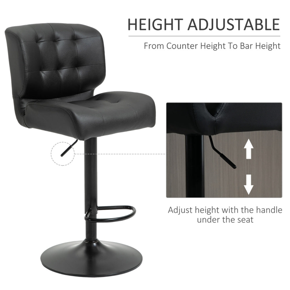 Set of 2 Adjustable Black Bar Stools with Swivel Seats & Tufted Backrest