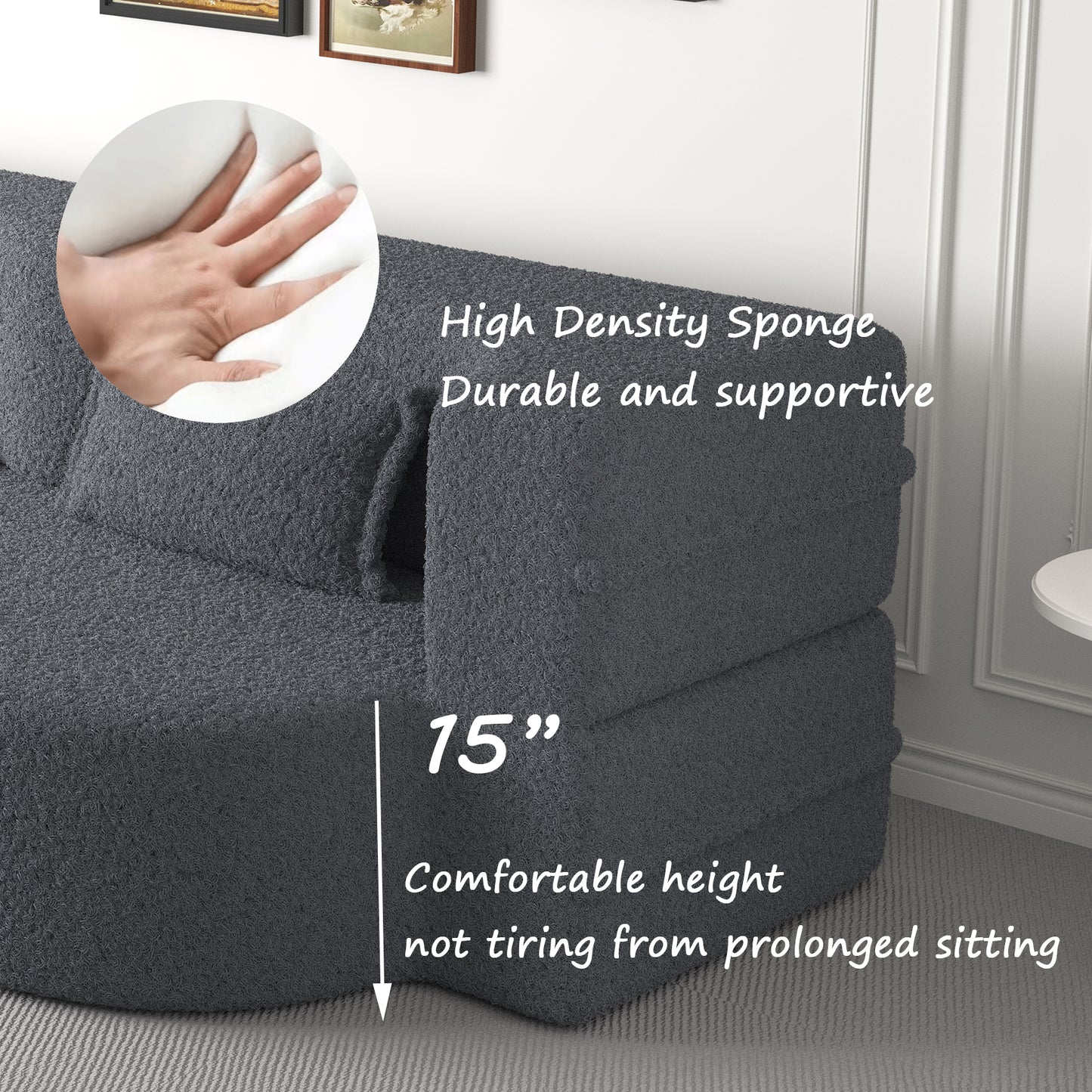 Modern Grey Teddy Fabric Floor Sofa Bed with 2 Pillows – Convertible & Space-Saving