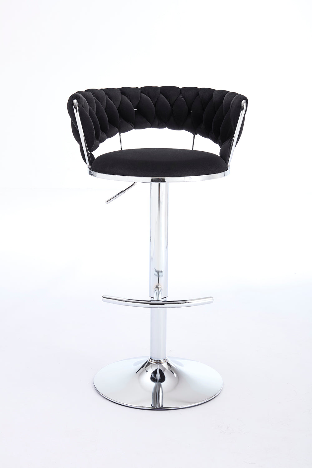 Set of 2 Black Velvet Bar Stools with Chrome Base & Swivel Adjustable Height