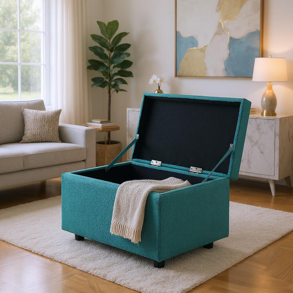 Blue Linen Storage Ottoman Bench with Hidden Compartment – 24.8" Wide