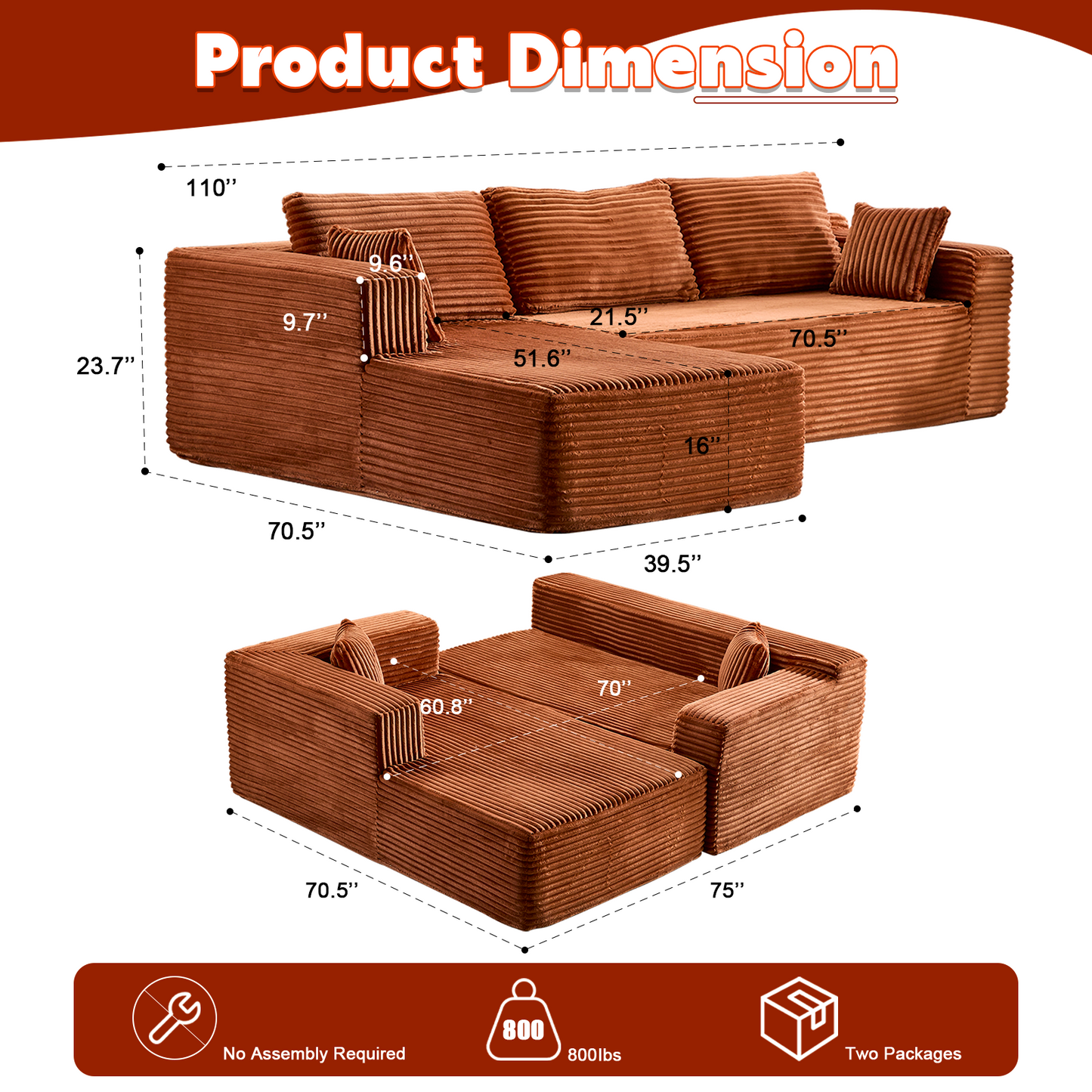 Modular L-Shaped Corduroy Sectional Sofa with Chaise – Brown