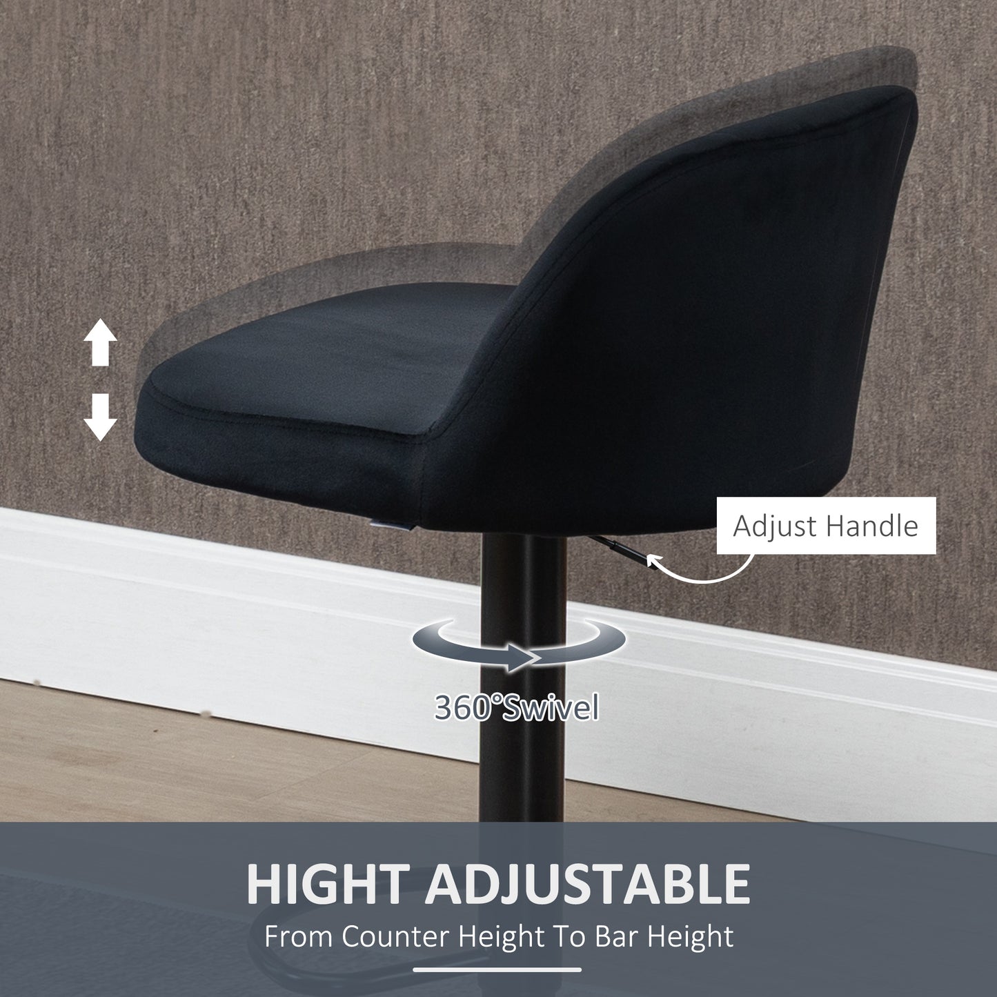 Set of 2 Black Velvet Adjustable Swivel Bar Stools with Footrest – Modern Counter Chairs