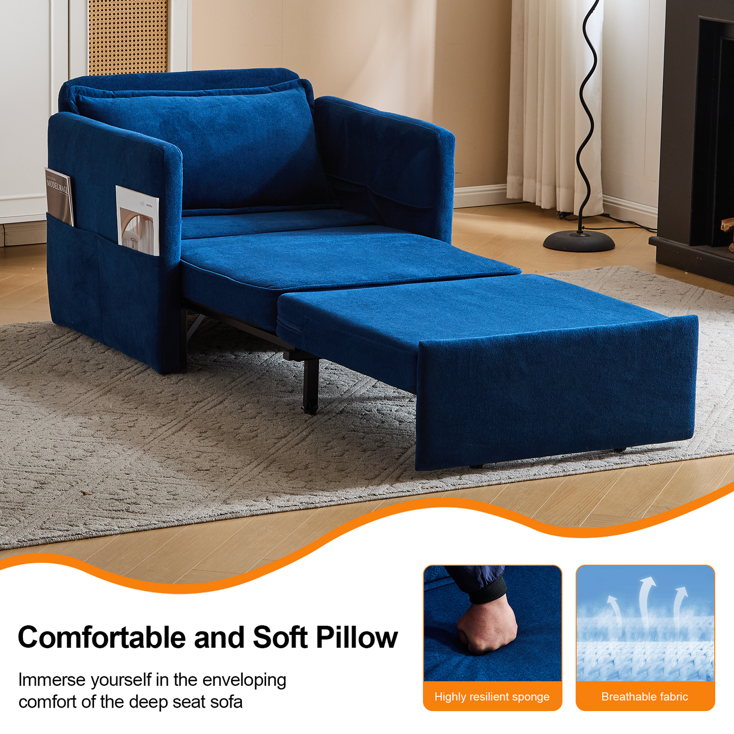 3-in-1 Sleeper Chair Bed with USB Tray, Blue Fabric Convertible Sofa