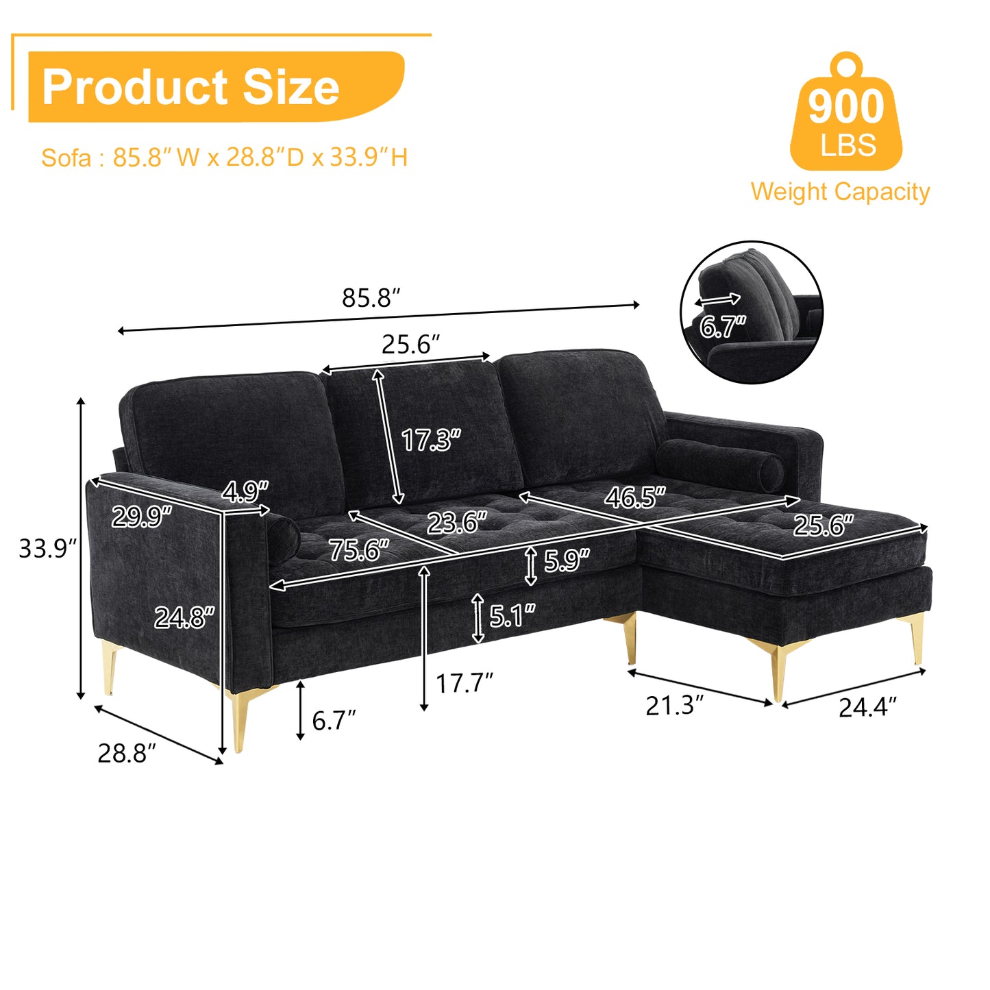 3-Seater Chenille Modular Sofa with Footstool, Gold Legs – Black