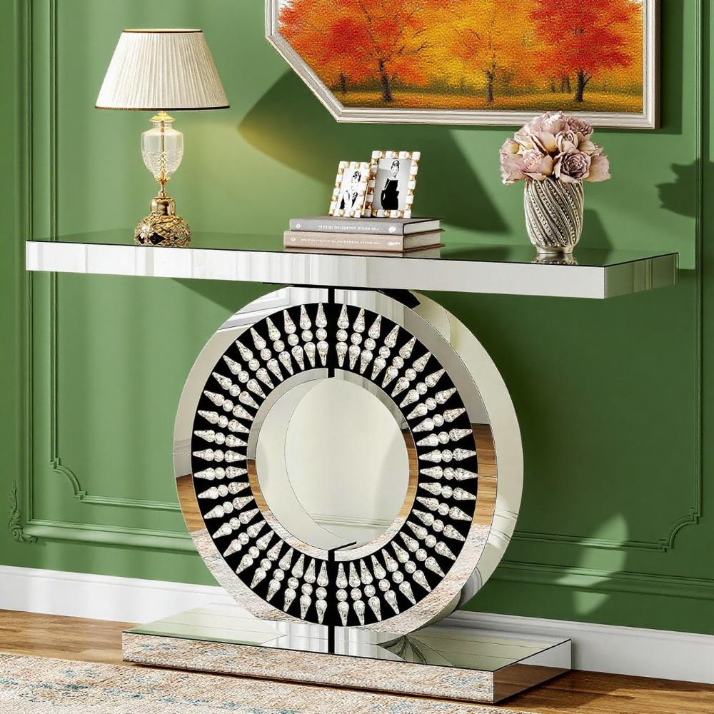 43" Silver Glass Console Table with Crystal Inlays – Modern Entryway Accent