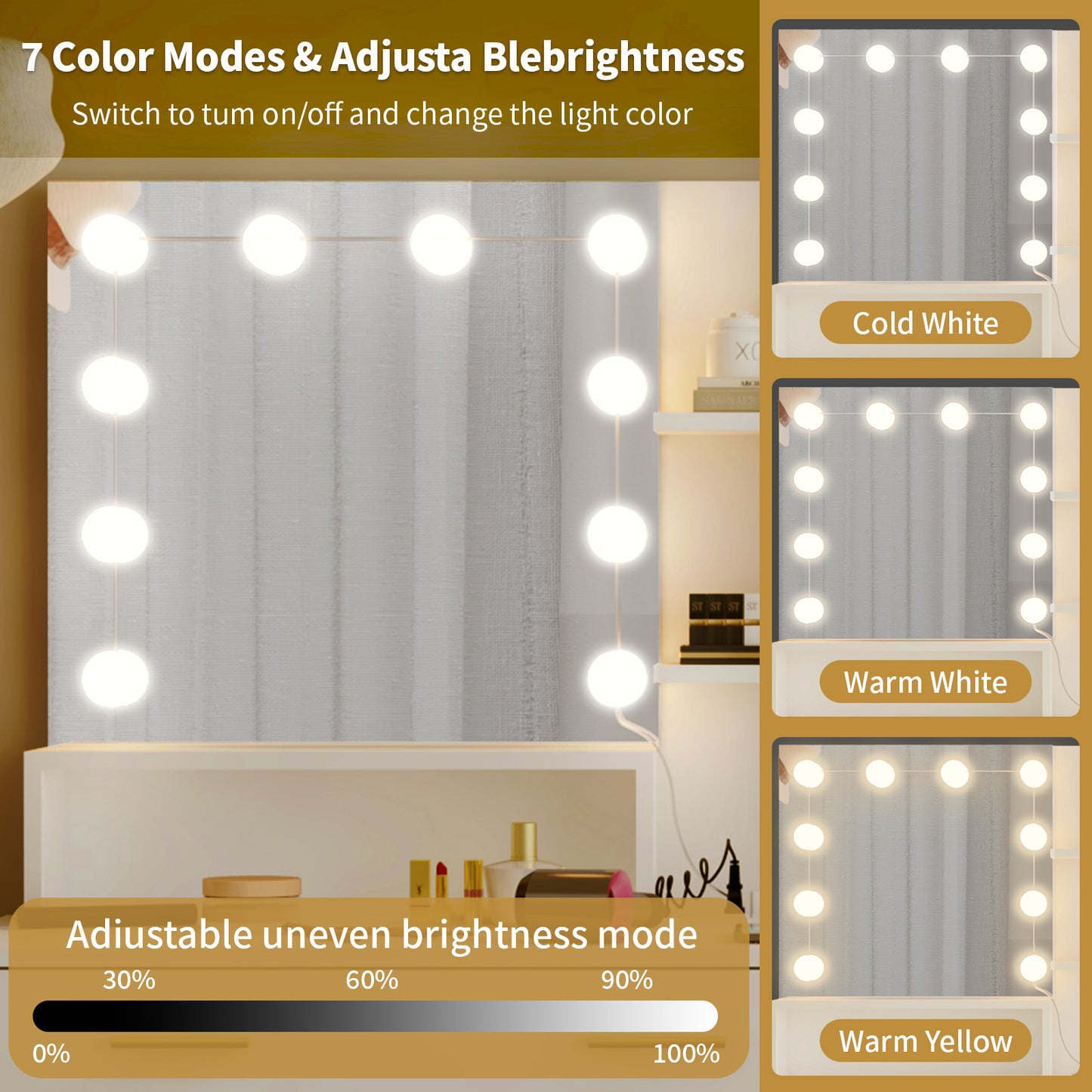 Large Vanity Table with Mirror, LED Lights, Drawers & Charging Station, White